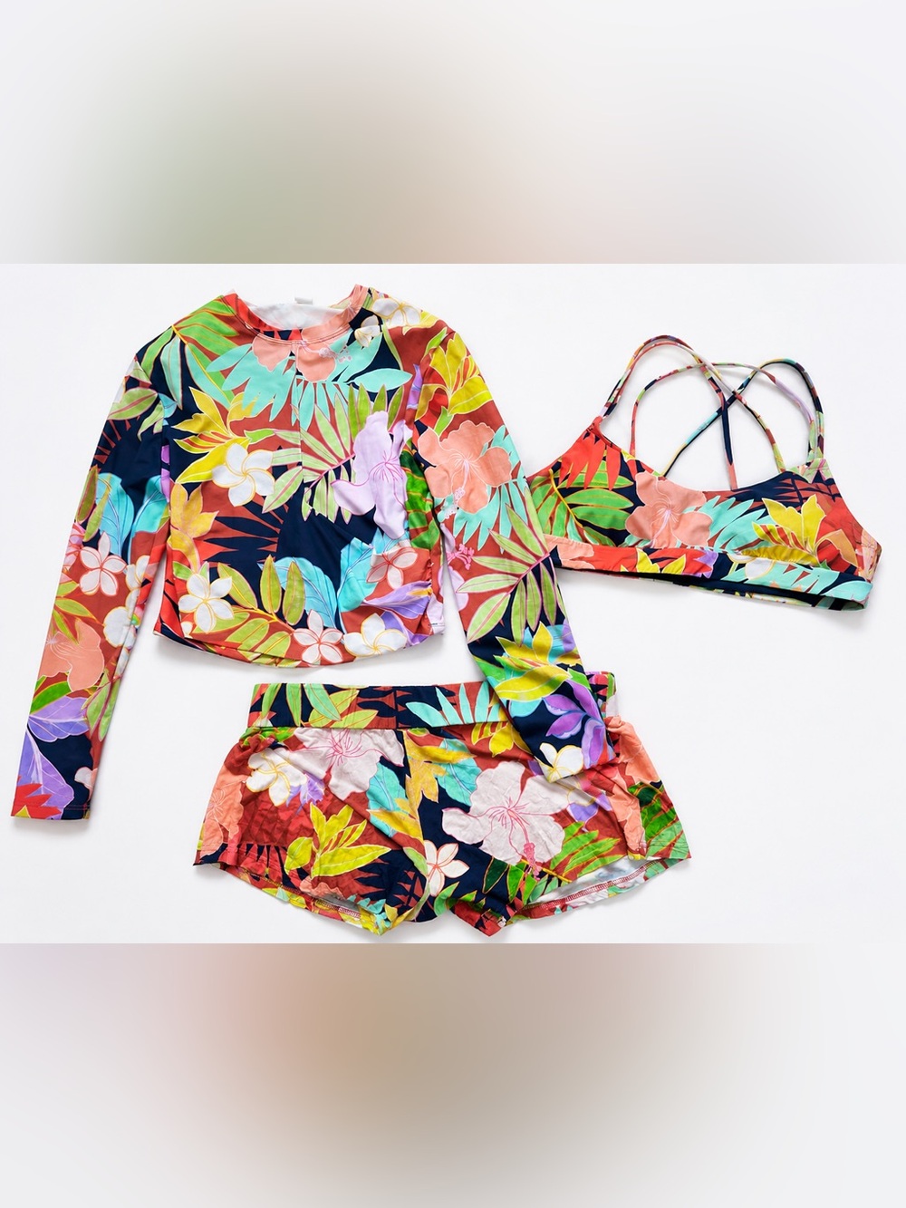 Citrus 3 Piece Tropical Swimsuit Set Rash‎ Guard Bikini Top Shorts size medium